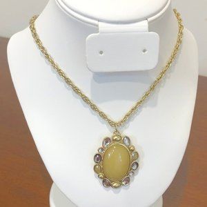 Vintage Oval Gold Tone Yellow Rhinestone Pendant and Chain.